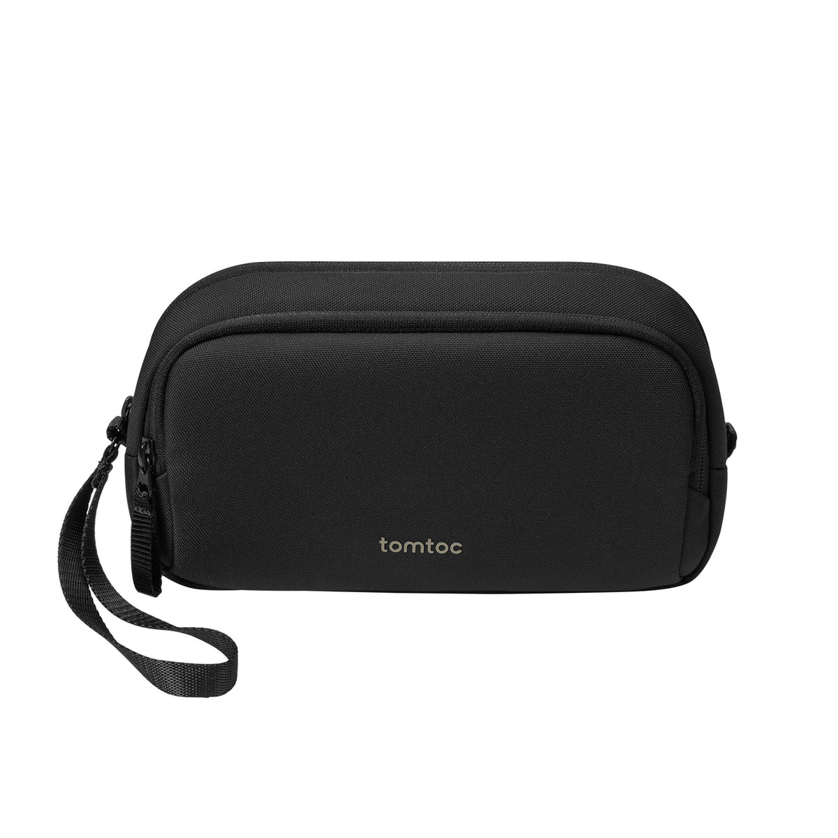 A black zippered travel pouch with a wrist strap and the 'tomoc' logo printed in gold on the front, shown against a plain white background.