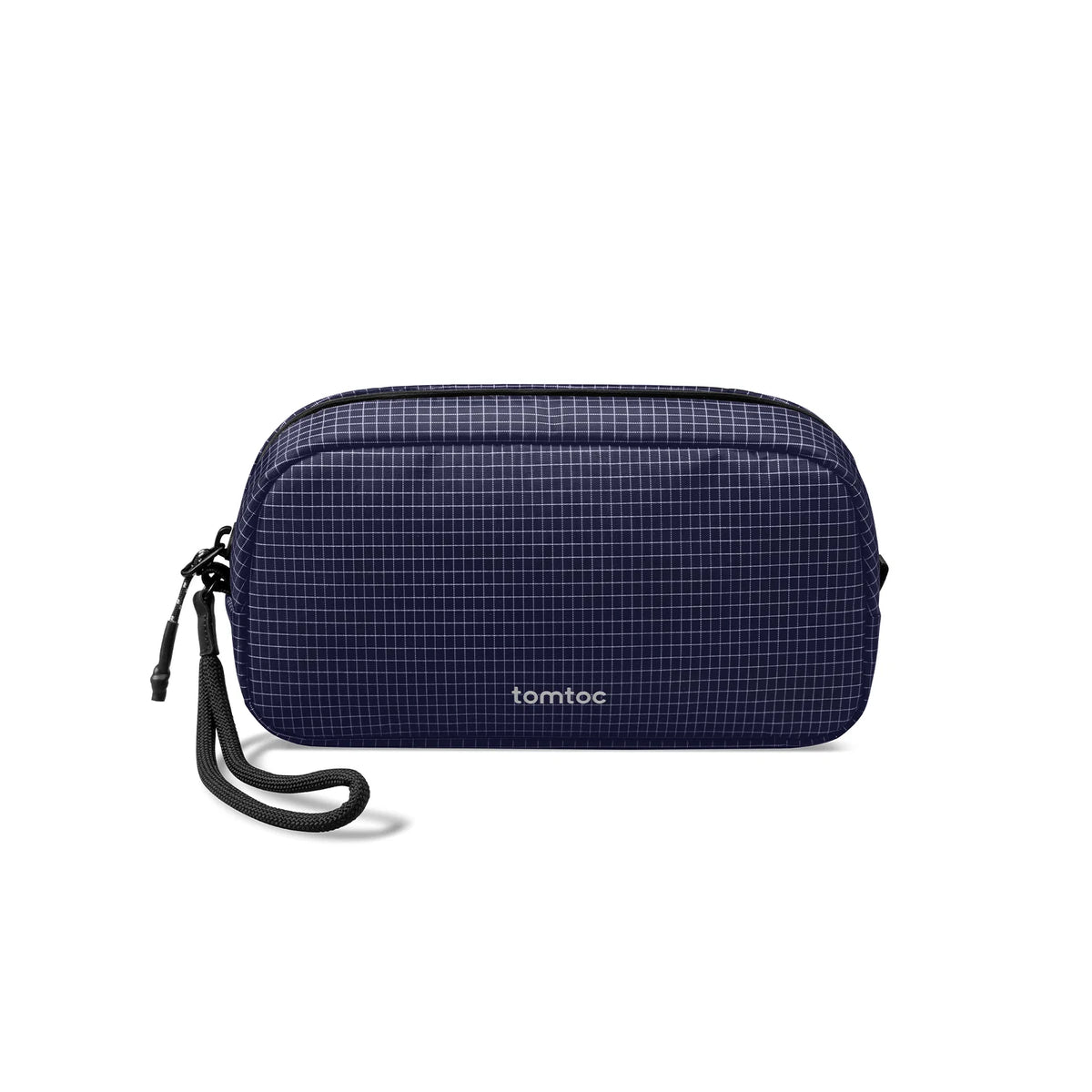 A navy blue T12 pro organiser pouch with a black wrist strap and the 'tomtoc' logo printed in white on the front, set against a plain white background.