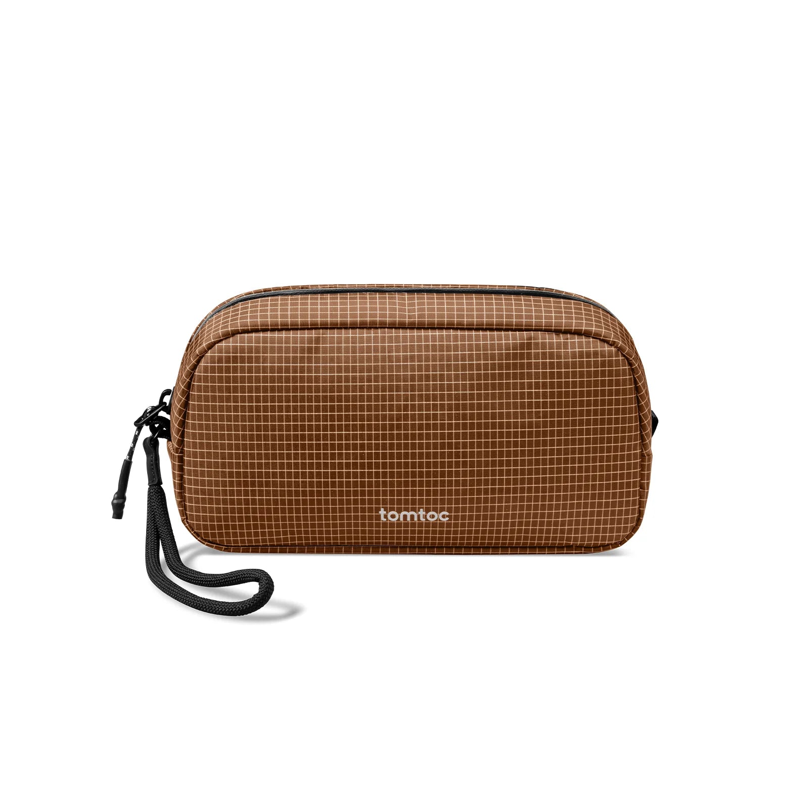 A brown T12 pro organiser pouch with a black wrist strap and the 'tomtoc' logo printed in white on the front, set against a plain white background.
