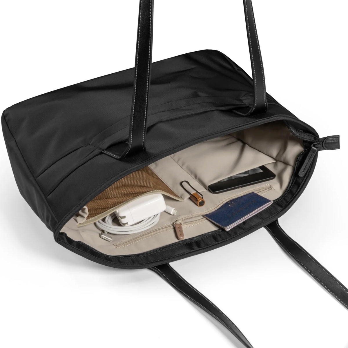 A black tote bag T23L1D1 tomtoc versatile laptop tote bag large with dual shoulder straps showing inner view against a plain white background