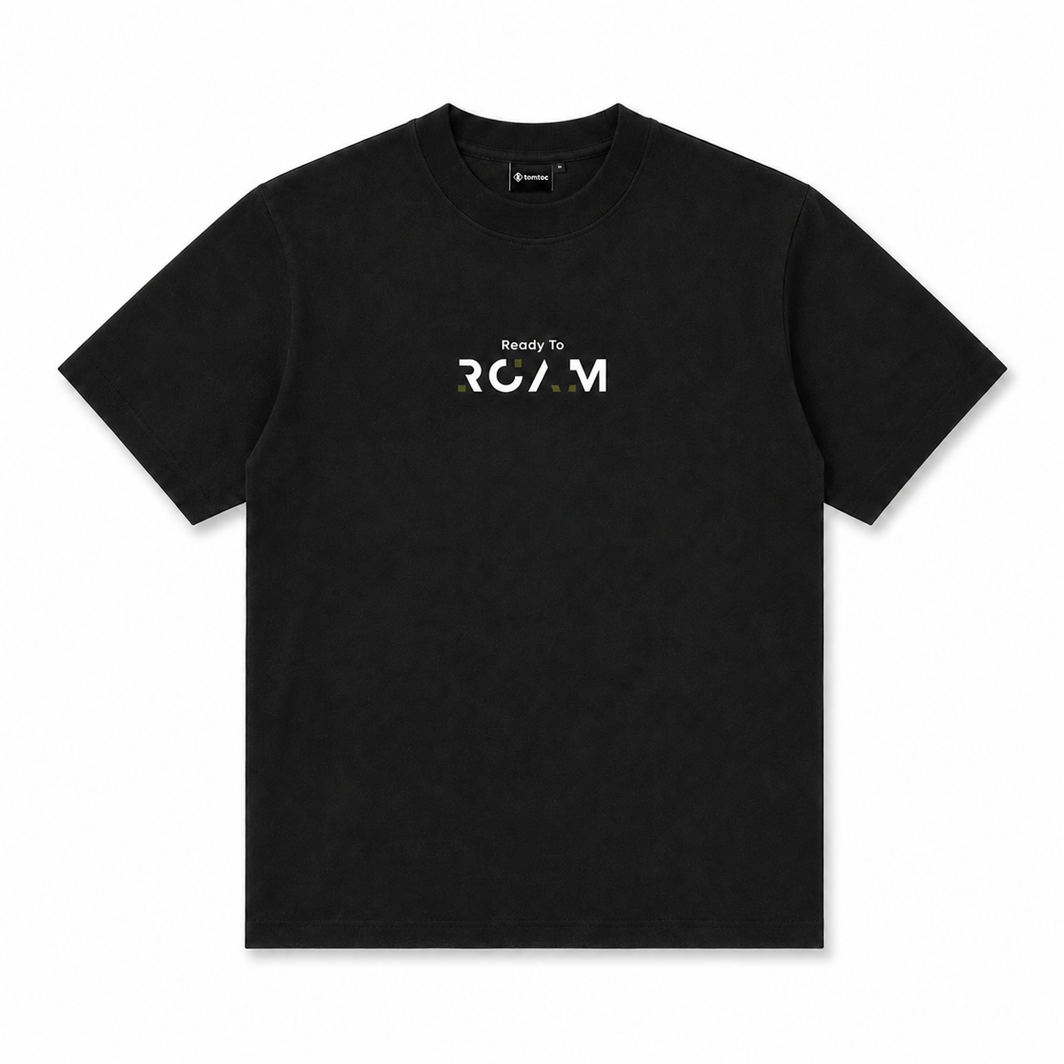 tomtoc Core Unisex Roam Logo Black t-shirt with design elements on a white background