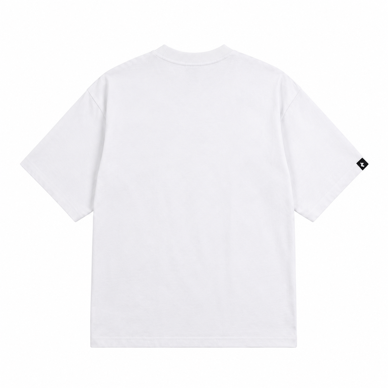 tomtoc Signature Unisex Embroidery Tee in white shown from the back, featuring a small black square logo patch on the left sleeve, set against a plain white background.