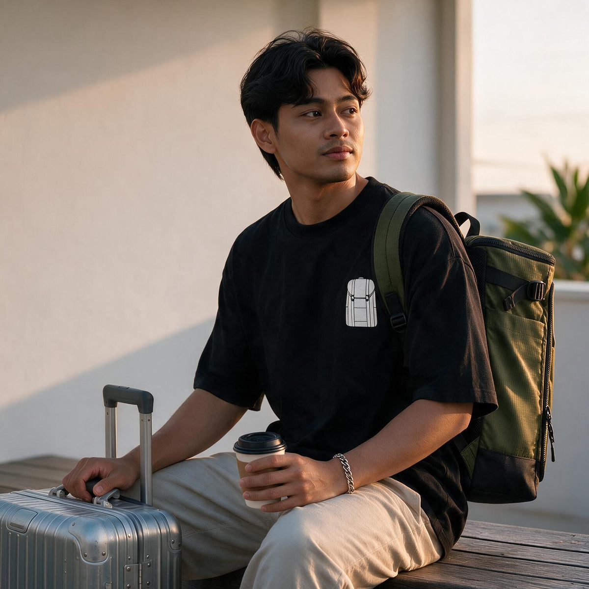 A man sitting on a wooden bench wearing a tomtoc Signature Unisex Travel Buddy Embroidery short sleeve tee in black colour with a small white graphic on the chest, beige pants, and carrying an olive green backpack. He is holding a coffee cup next to a silver suitcase.