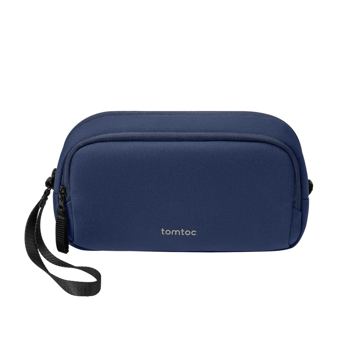 A navy blue tomtoc zippered pouch with a black wrist strap, shown against a plain white background.
