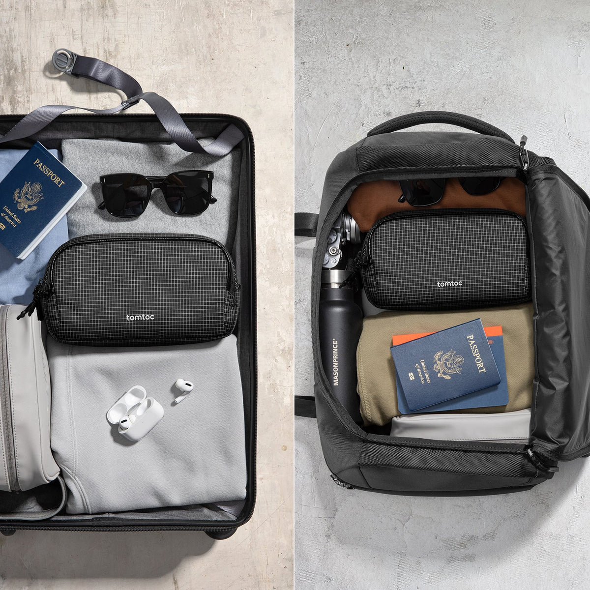 Two views of a suitcase and backpack with travel items, including a passport and sunglasses.