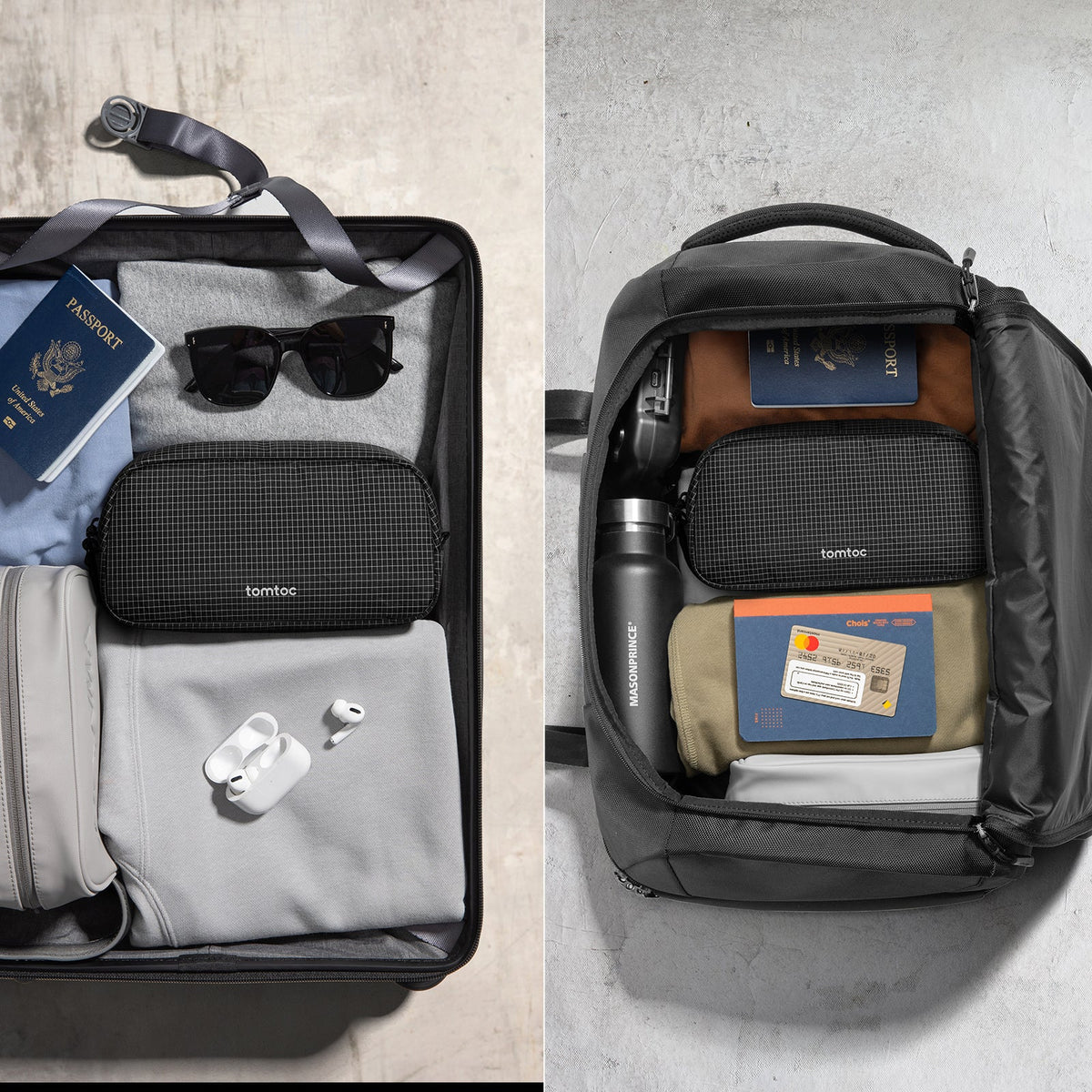 Two views of a backpack with compartments containing travel items like a passport, sunglasses, and electronic devices.