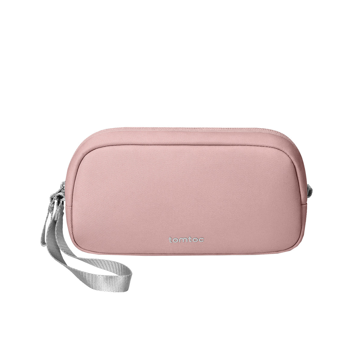 A pink zippered toiletry bag with a wrist strap, featuring the 'tomtoc' brand name on the front, set against a plain white background.