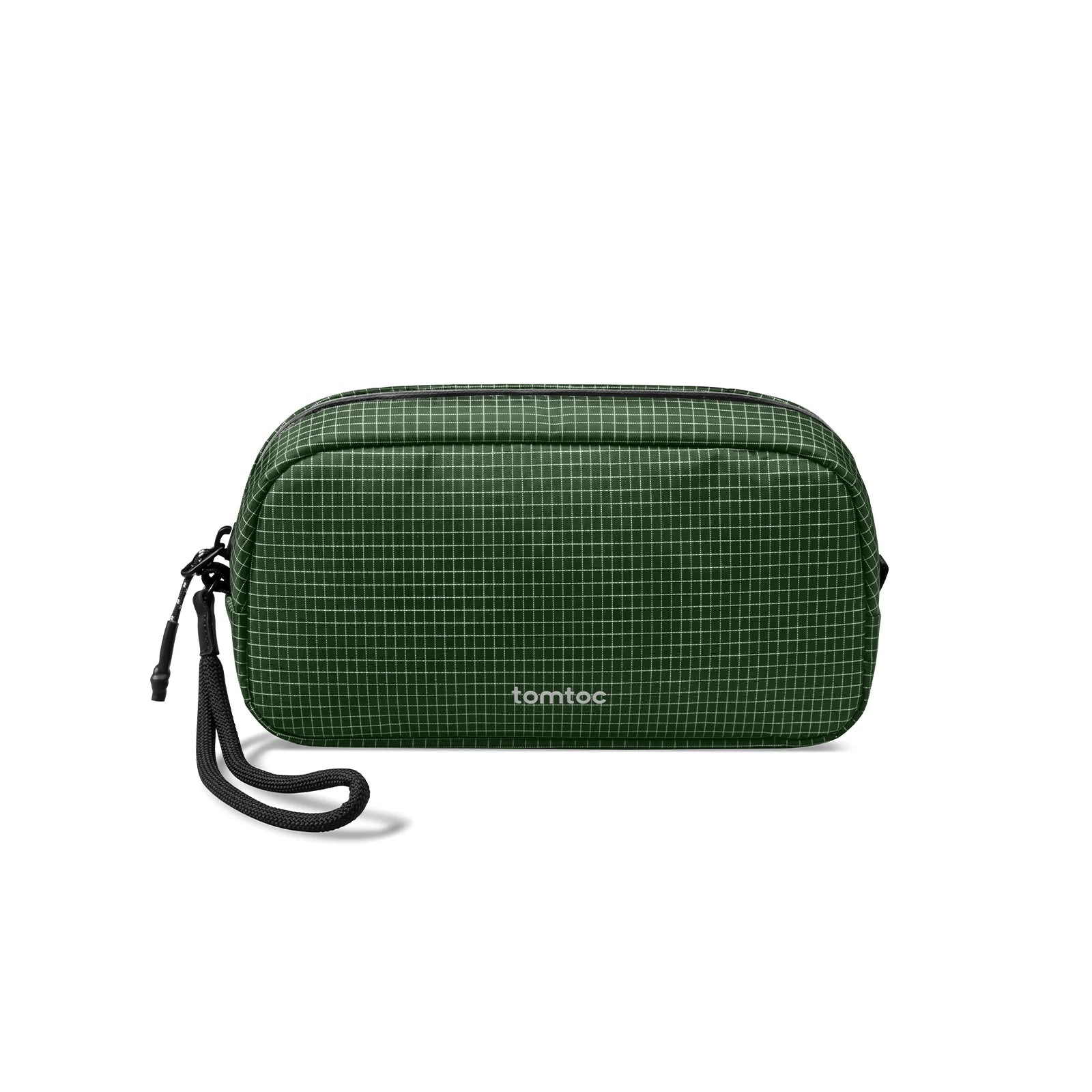 A green T12 pro organiser pouch with a black wrist strap and the 'tomtoc' logo printed in white on the front, set against a plain white background.