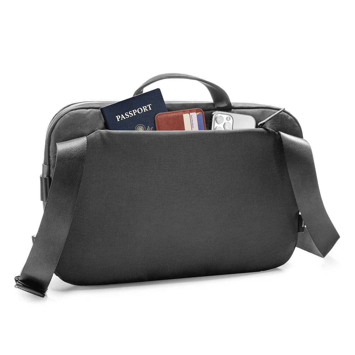Black shoulder bag T21L1D1 tomtoc Business Laptop Sling Bag with compartments containing a passport, cards, and a phone on a white background