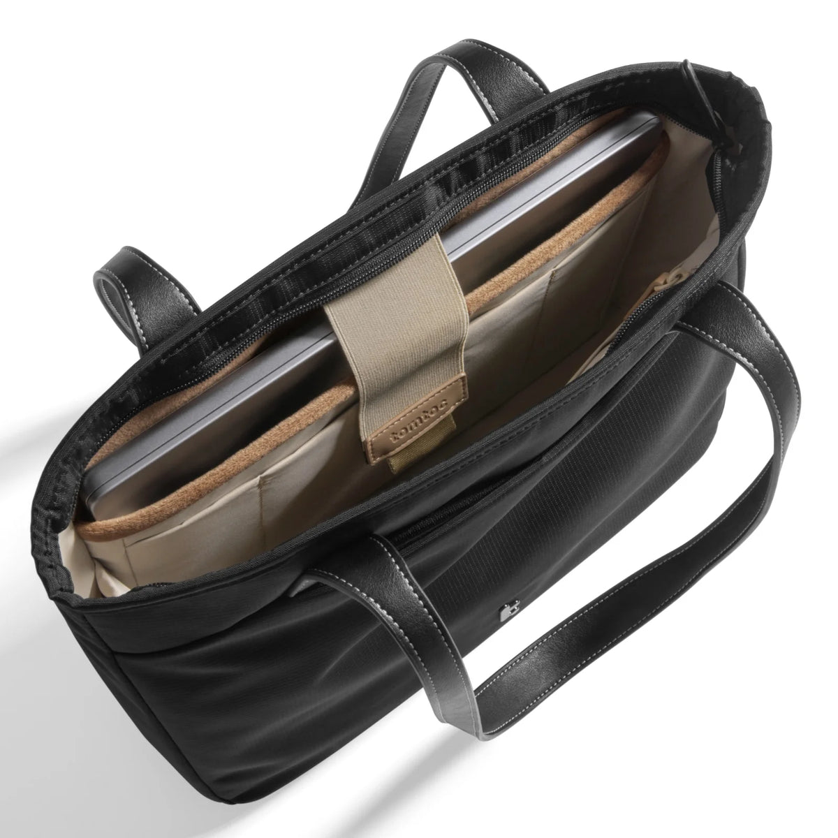 A black tote bag T23L1D1 tomtoc versatile laptop tote bag large with dual shoulder straps showing inner view against a plain white background
