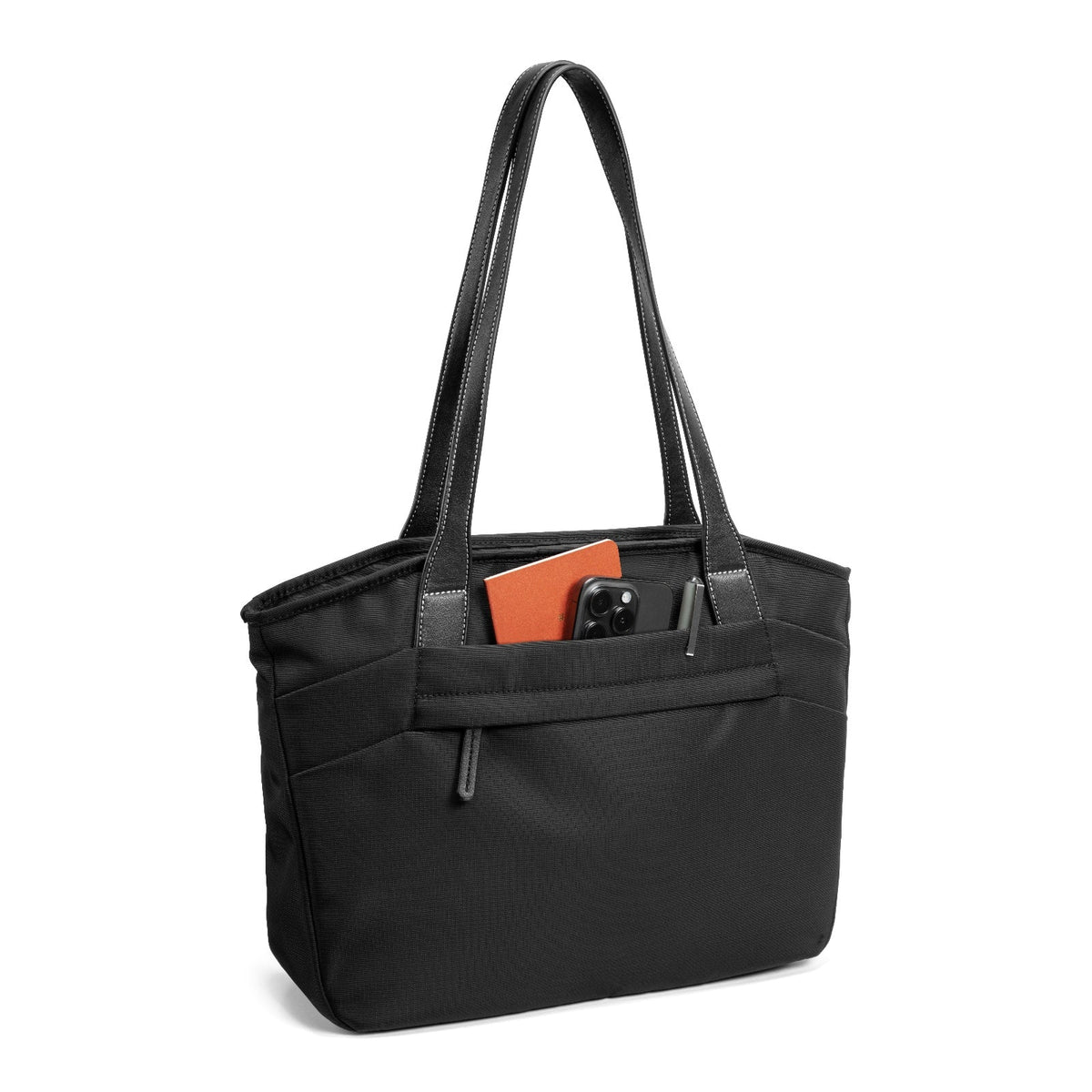 A black tote bag T23L1D1 tomtoc versatile laptop tote bag large with dual shoulder straps, showing back view against a plain white background