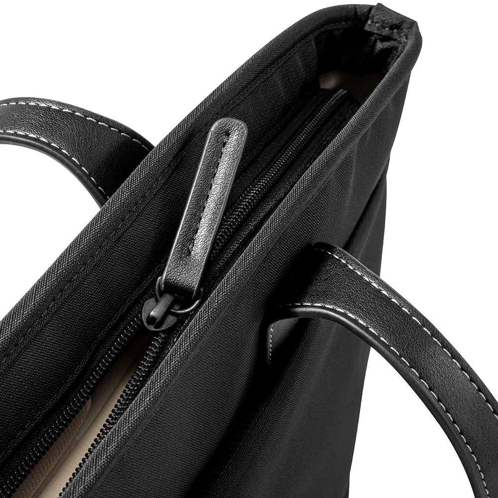 Close-up of a black handbag with a zipper and handle on a white background