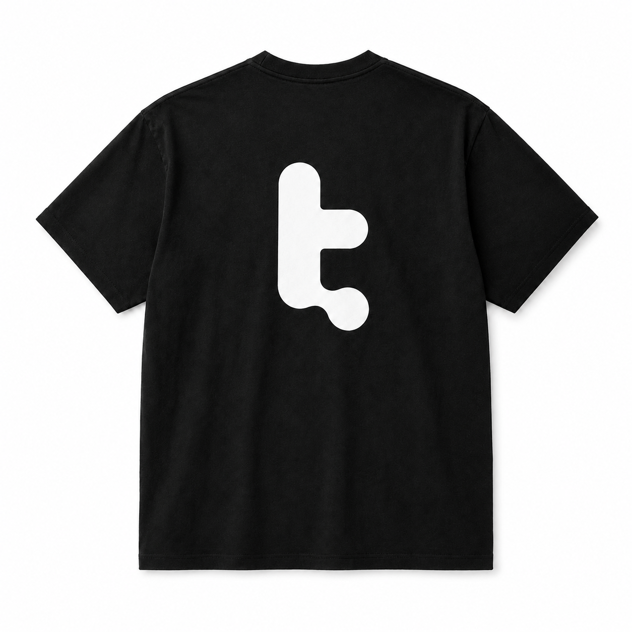 tomtoc Core Unisex Roam Logo Black t-shirt shown from the back, featuring a large, minimalist white abstract graphic printed in the center.
