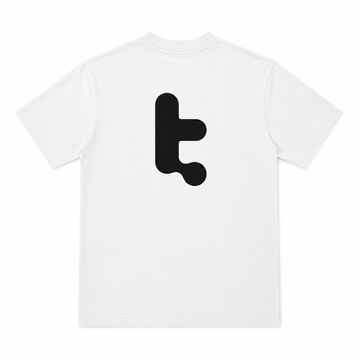 tomtoc Core Unisex Roam Logo white t-shirt shown from the back, featuring a large, minimalist black abstract graphic printed in the center.