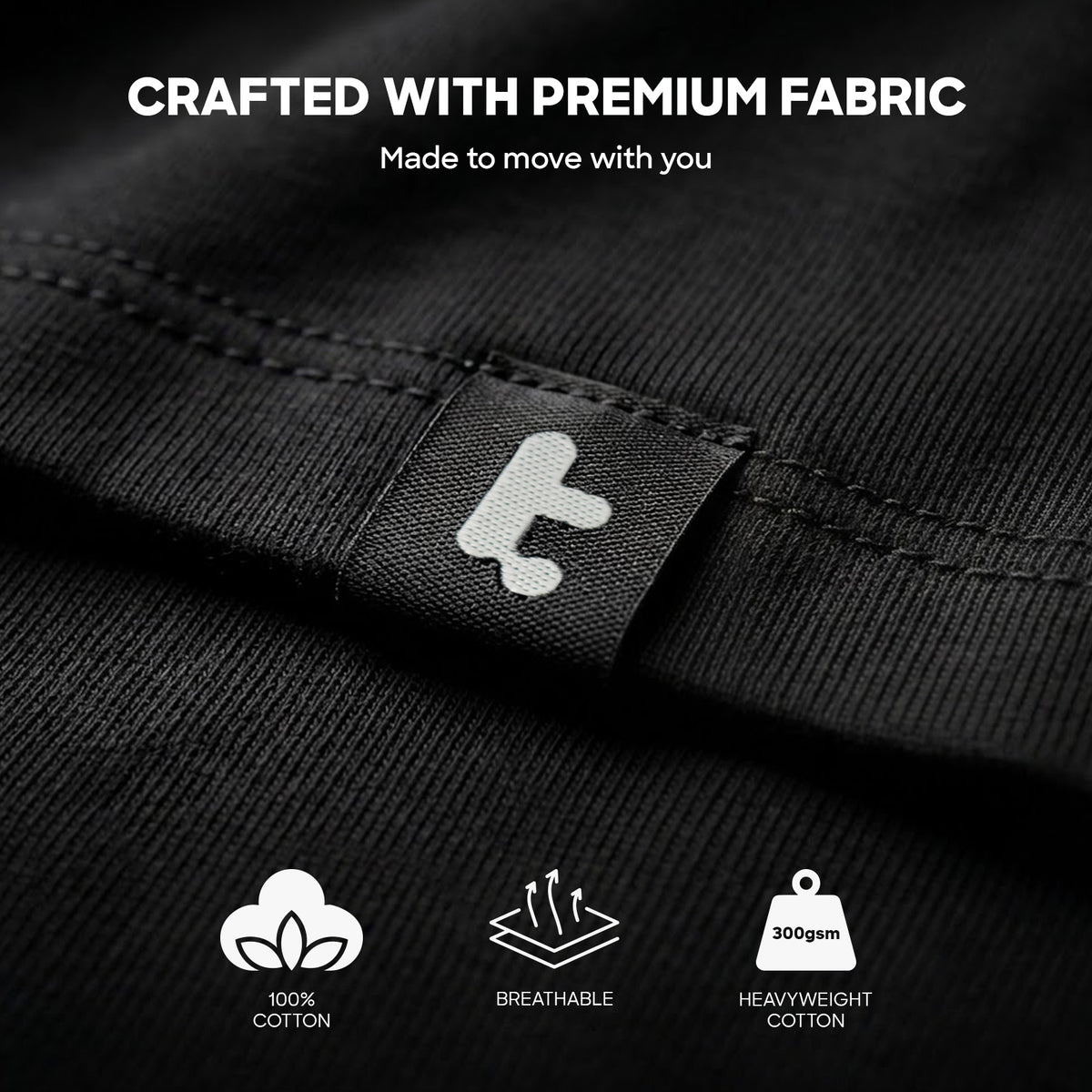 Close-up of a black ribbed fabric garment with a small fabric tag showing a white stylized tomtoc logo. White text at the top reads 'CRAFTED WITH PREMIUM FABRIC' and the bottom shows three feature icons for 100% cotton, breathable, and heavyweight cotton.