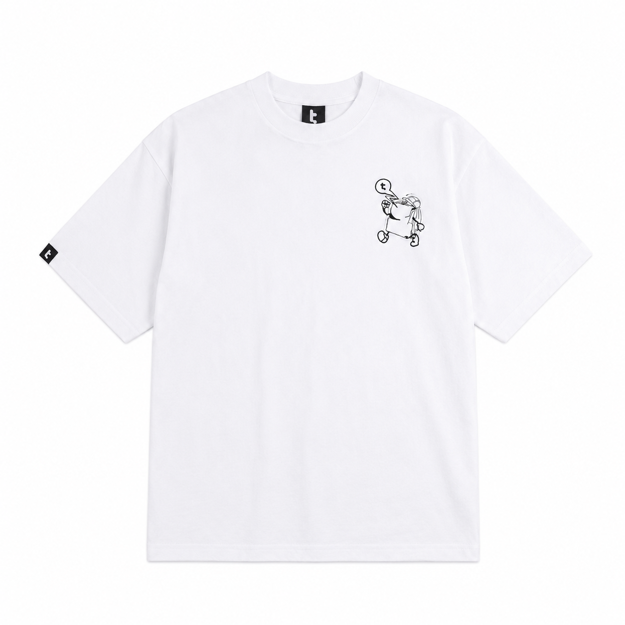tomtoc Signature Unisex Embroidery Tee in white colour featuring a small black line-art graphic of a character on the left chest and a small black square tag on the right sleeve, displayed against a solid white background.