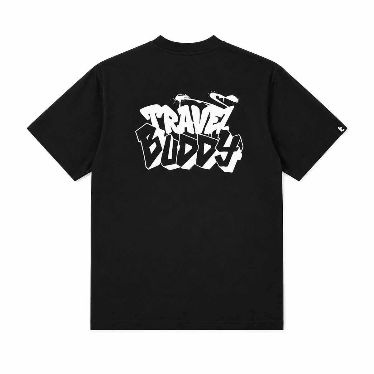 tomtoc Signature Unisex Travel Buddy Embroidery short sleeve tee in black colour, Travel Buddy graffiti on the back