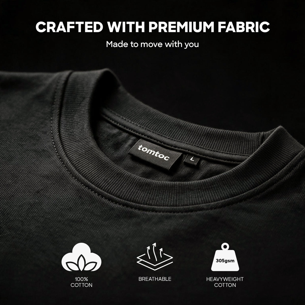 Close-up of a signature unisex travel buddy embroidery tee by tomoc, featuring a premium cotton collar and informational text overlays highlighting its features which are 100% cotton, breathable material and 305GSM heavyweight cotton.