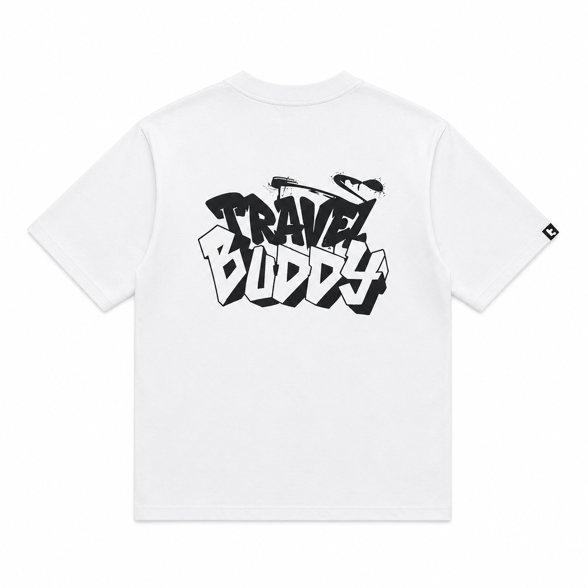 tomtoc Signature Unisex Travel Buddy Embroidery short sleeve tee in white colour, Travel Buddy graffiti on the back